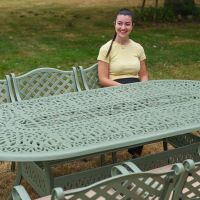 The "Greenleigh" 8-Seater Outdoor Dining Set - Sage Green Scale Shot The "Greenleigh" 8-Seater Outdoor Dining Set - Sage Green Scale Shot
