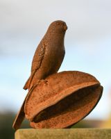 Side View Of Rustic "Bird On Seed" Garden Sculpture Side View Of Rustic "Bird On Seed" Garden Sculpture