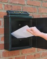The Antique Green "Oxford" Wall Mounted Post Box with Gold Detailing Showing Take Out A Letter The Antique Green "Oxford" Wall Mounted Post Box with Gold Detailing Showing Take Out A Letter