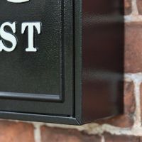 Close up of Black Wall Mounted Post Box with White Lettering Close up of Black Wall Mounted Post Box with White Lettering