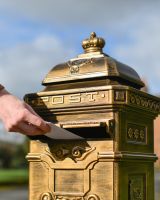 Letter slot on “Raventree” Deluxe Camden Free Standing Post Box in Brushed Gold