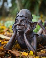 "Daydreamer Pixie" Resin Garden Sculpture Bronze and Verdigris - 42cm close up head