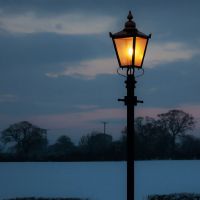 Copper Victorian Lamp Post Set in Use at Night