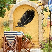Feather Wall Art in Use on a Yellow Garden Wall Feather Wall Art in Use on a Yellow Garden Wall
