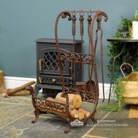 "Downton Abbey" Rustic Brown Log Store & Tools in Situ Next to the Fire Place