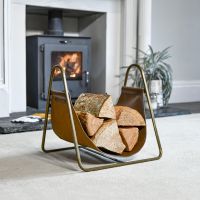 Bronze Steel & Brown Leather Log Holder in Situ 