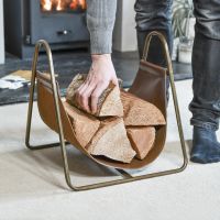 Bronze Steel & Brown Leather Log Holder 