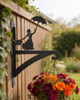 Digital representation of Flying Nanny Iron Hanging Basket Bracket mounted on wooden fence
