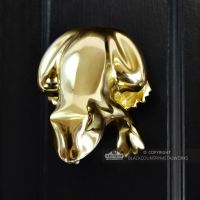 Frog Door Knock in Situ on a Black Door. Finished In Polished Brass