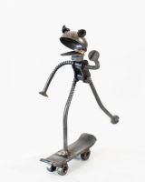 Frog Skateboarding Recycled Metal Sculpture