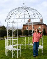 "Kensington" Domed Wrought Iron Gazebo - Vintage Cream with Lady in Shot for Scale