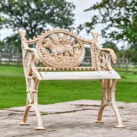 Aged Cream Cast Iron Dog One Seat Park Bench in Use in the Garden