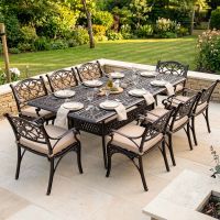 The "Arbor" 8-Seater Outdoor Dining Set - Antique Copper Digital Illustration With A Dressed Table
