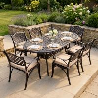 The "Valeriana" 6-Seater Outdoor Dining Set - Antique Copper Digital Illustration Dressed Table