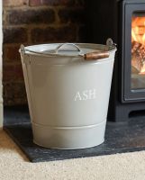 The Grey Ash Bucket with Lid next to a Lit Log Burner Stove in a Modern Home Interior - Digital Illustration