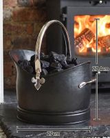The 27.5cm "Hinswick" Victorian Black Iron and Nickel Coal Bucket Positioned Next to a Decorative Fireplace - Digital Illustration With A Diagram
