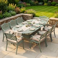 The "Greenleigh" 8-Seater Outdoor Dining Set - Sage Green Digital Illustration With a Dressed Table The "Greenleigh" 8-Seater Outdoor Dining Set - Sage Green Digital Illustration With a Dressed Table