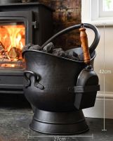 The "Brindleton" Coal Scuttles with Shovels Displayed in Front of a Lit Log Burner - Digital Illustration Diagram