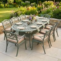 The "Sage Blossom" 8-Seater Garden Dining Set - Sage Green Digital Illustration Dressed Table The "Sage Blossom" 8-Seater Garden Dining Set - Sage Green Digital Illustration Dressed Table