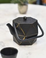 Geometric Black and Gold Cast Iron Japanese Style Teapot side view