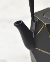 Close up of Geometric Black and Gold Cast Iron Japanese Style Teapot spout