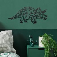 Geometric Iron Triceratops Wall Art in Situ in a Bedroom