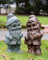 ‘Hodge’ the Garden Gnome in Cast Aluminium - Verdigris to scale with hand to reference scale stood next to copper version