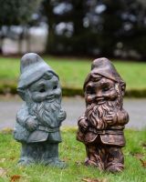 ‘Hodge’ the Garden Gnome in Cast Aluminium - Verdigris stood next to copper version of gnome