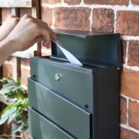 Letter Flap in Use on Granite Grey "Cambered Trigon" Modern Wall Mounted Post Box & Newspaper Holder Letter Flap in Use on Granite Grey "Cambered Trigon" Modern Wall Mounted Post Box & Newspaper Holder