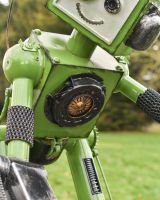 Close up of robot detail on recycled metal bench