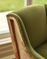 The "Ivy" Green Velvet & Wood Armchair Close-Up