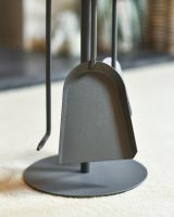 Close Up Of Grey Contemporary Circular Three Piece Companion Set with Wooden Handles Shovel