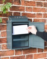 Lockable Front Open & in Use on Grey "Oxford" Wall Mounted Post Box with Silver Text Lockable Front Open & in Use on Grey "Oxford" Wall Mounted Post Box with Silver Text