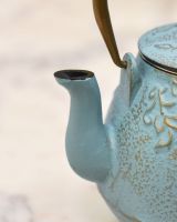 Close up of "Hami" Light Blue Cast Iron Japanese Style Teapot spout