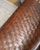 Hand Woven Tan Leather and Iron Two Seater Chair Lattice Detail Hand Woven Tan Leather and Iron Two Seater Chair Lattice Detail