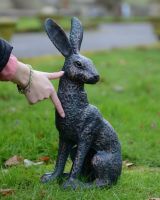 ‘Hark’ Cast Aluminium Hare Garden Sculpture - Verdigris to scale with hand for reference