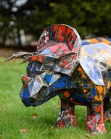 "Trike’ the Triceratops Upcycled Oil Drum Garden Sculpture close up of geometric design and head "Trike’ the Triceratops Upcycled Oil Drum Garden Sculpture close up of geometric design and head