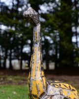 ‘Horizon’ the Small Diplodocus Upcycled Oil Drum Garden Sculpture close up of head