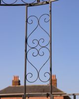"Kensington" Domed Wrought Iron Gazebo in a Midnight Black Finish Close up of Heart Shaped Frame Work