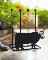 Highland Cow Double Welly Boot Rack with floral garden backdrop