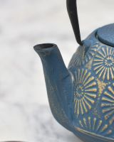 Close up of "Himawari" Blue and Gold Cast Iron Japanese Style Teapot spout Close up of "Himawari" Blue and Gold Cast Iron Japanese Style Teapot spout