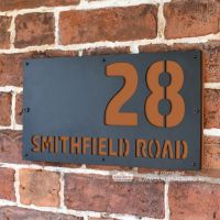 Orange Brown "Smithfield" House Sign in Situ on the Wall Orange Brown "Smithfield" House Sign in Situ on the Wall