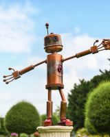 Scale image of Hugging Recycled Metal Robot Sculpture Scale image of Hugging Recycled Metal Robot Sculpture