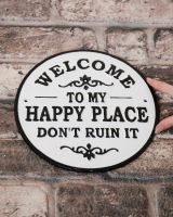 Humorous Cast Iron Wall Sign - “My Happy Place Don’t Ruin It” to scale with hand for reference