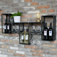 Black Rustic Industrial Cage Wall Mounted Wine Cabinet in Situ on a Brick Wall