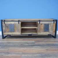 Industrial "Jupiter Iron Works" Sliding Door TV Cabinet Created From Wood and Metal