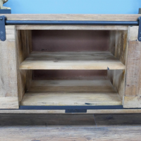 Close-up of the central Shelves in the Industrial "Jupiter Iron Works" Wooden Sliding Door TV Cabinet