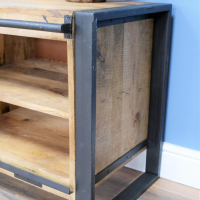 Metal Legs on the Side of the Industrial "Jupiter Iron Works" Wooden Sliding Door TV Cabinet