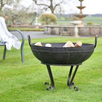 Iron Kadai Fire Bowl - 60cm with Wooden Logs in Situ