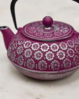 Close-Up of Silver Floral Pattern onJapanese Inspired "Boysenberry" Purple & Silver Cast Iron Teapot